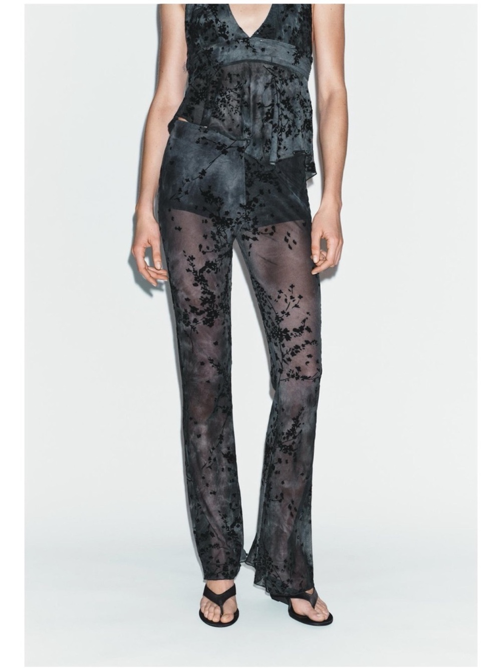 ZARA FLORAL FLOCKED TULLE SEMI SHEER FLARE PANTS